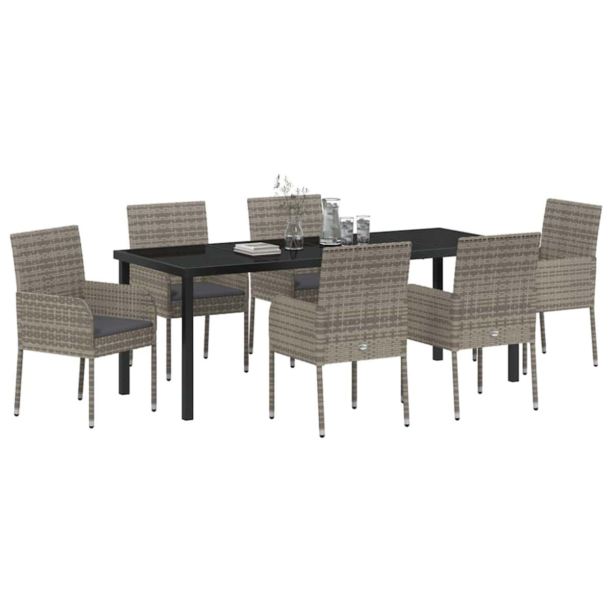 Essgruppe mit schwarzem Tisch und sechs grauen Korbstühlen. Der Tisch hat Glas und Deko. Weißer Hintergrund.