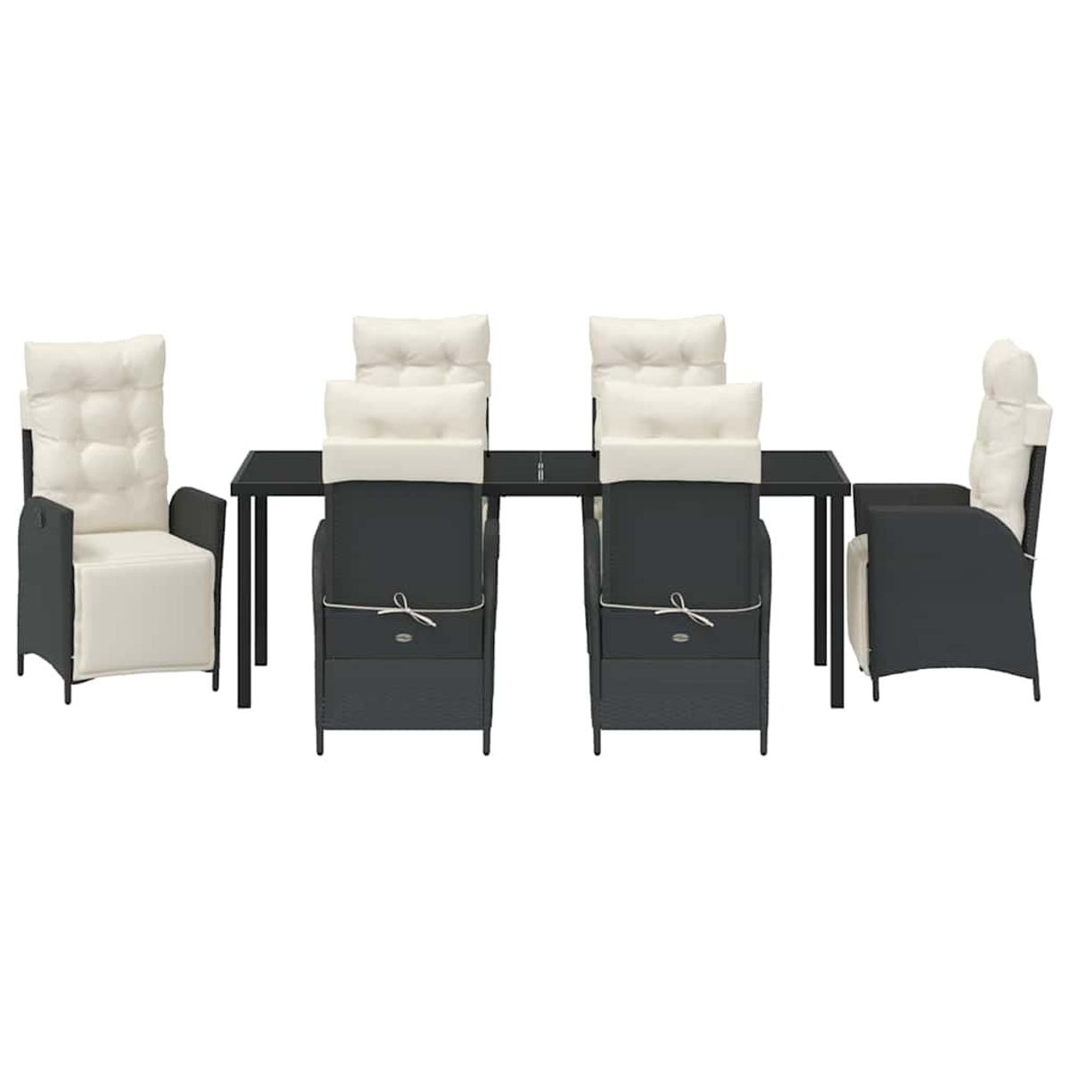 Ein Ess-Set mit einem schwarzen Tisch und sechs Stühlen. Die Stühle haben cremefarbene Kissen und dunkelgraue Rahmen.