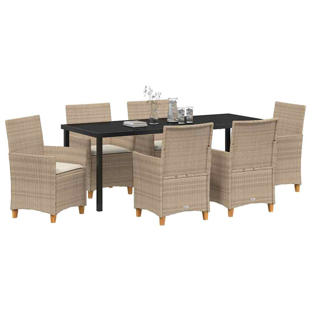Ein Ess-Set mit einem schwarzen Tisch und sechs beigefarbenen Korbstühlen. Auf dem Tisch stehen Gläser und eine Vase.