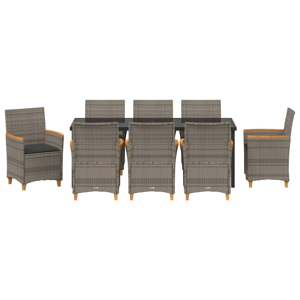 Ein graues Ess-Set für den Außenbereich aus Rattan mit einem rechteckigen Tisch und sechs Stühlen. Die Stühle haben Armlehnen und Beine aus Holz.