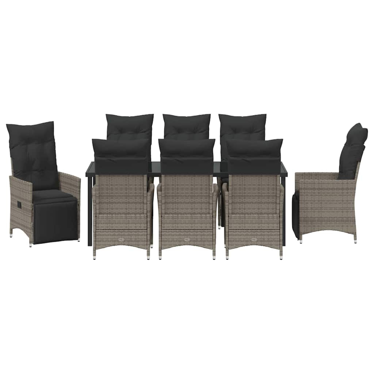 Garten-Essgruppe. Rattan-Stühle mit schwarzen Kissen umgeben einen Tisch. Das Set steht auf weißem Hintergrund, isoliert.