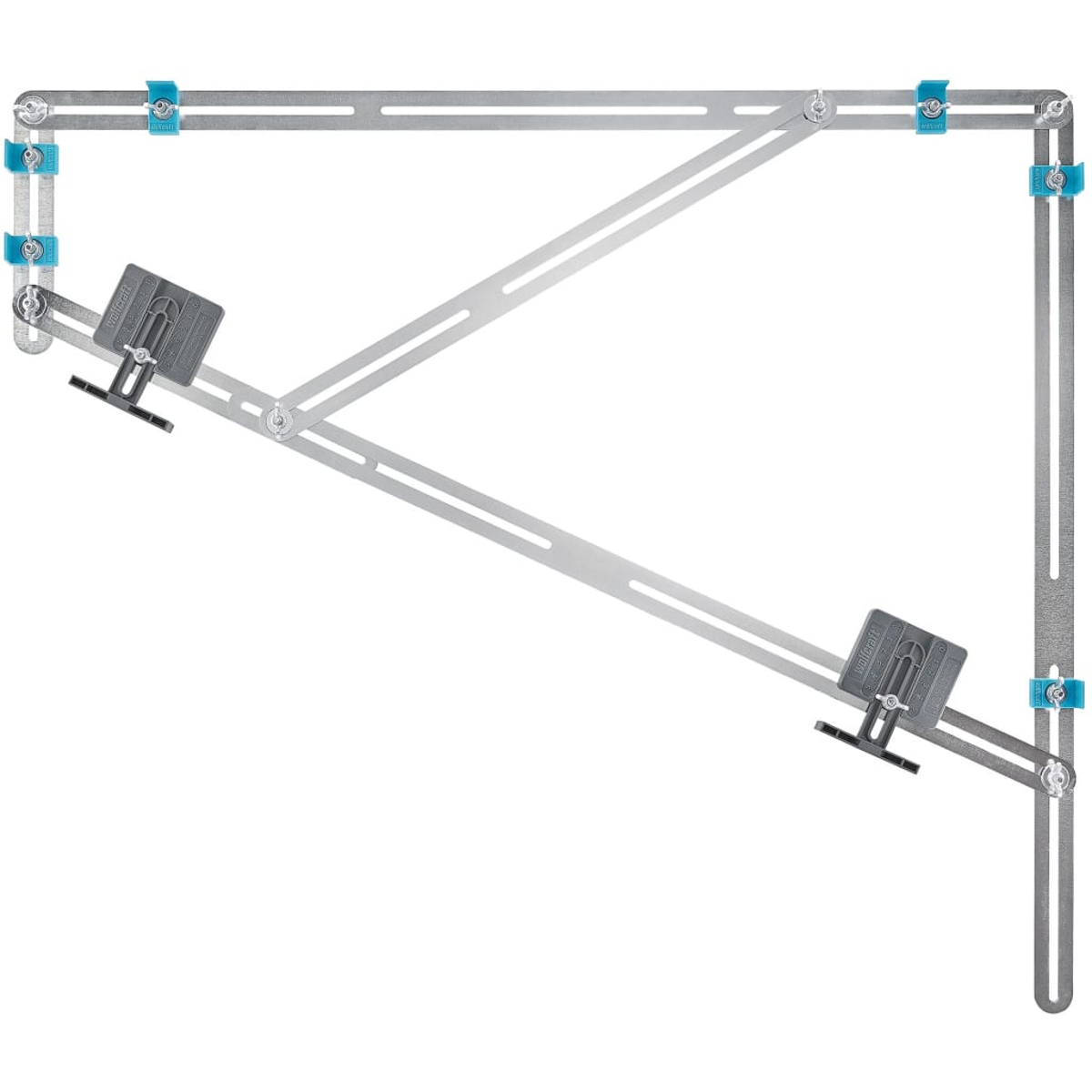 Strumento di misurazione angolare in metallo con clip di regolazione blu e due componenti di misurazione neri. Dispositivo complesso su sfondo bianco.