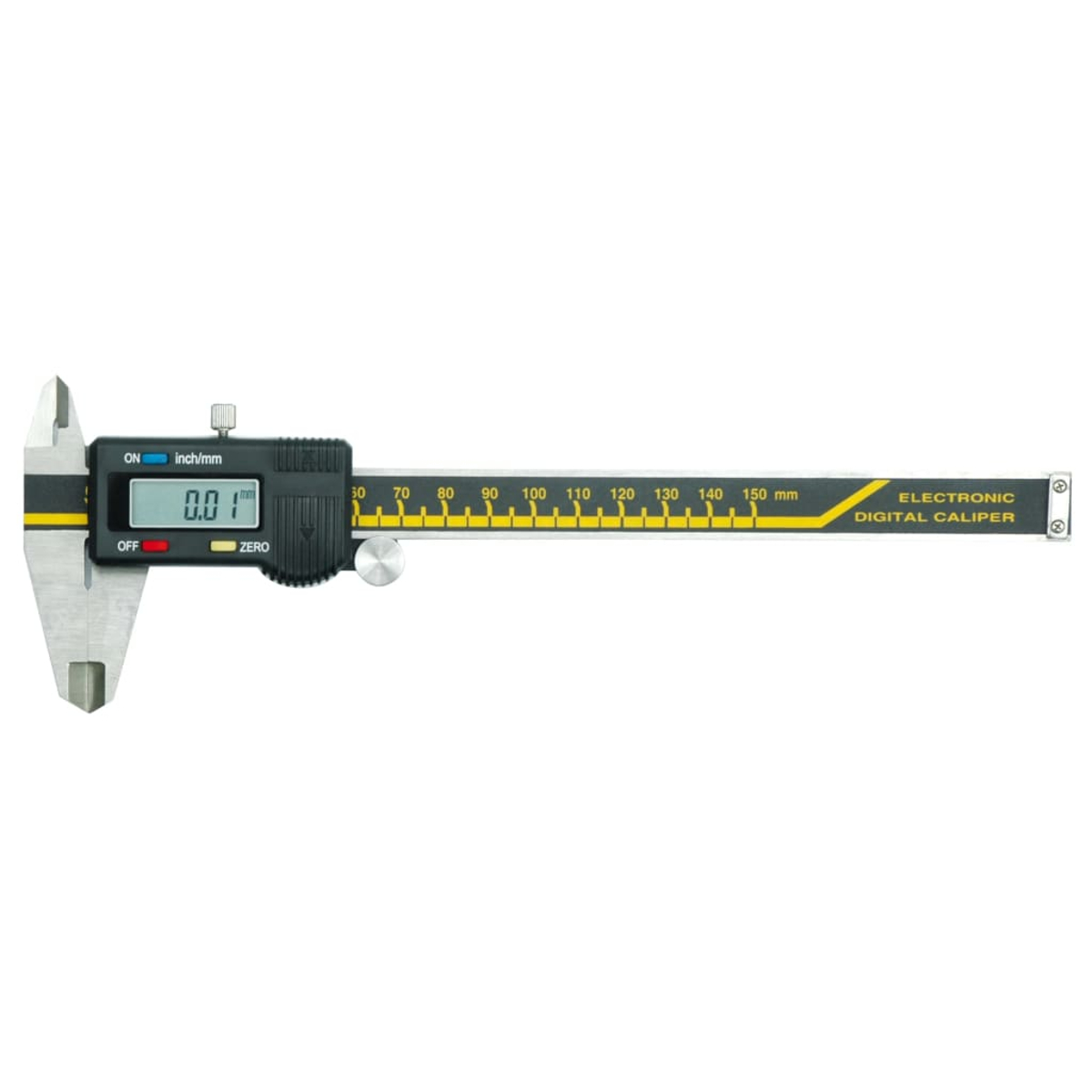 Ein elektronischer digitaler Messschieber, schwarz und silber, zeigt '0,01'. Er hat eine Zoll/mm-Anzeige und eine Skala bis 150 mm.