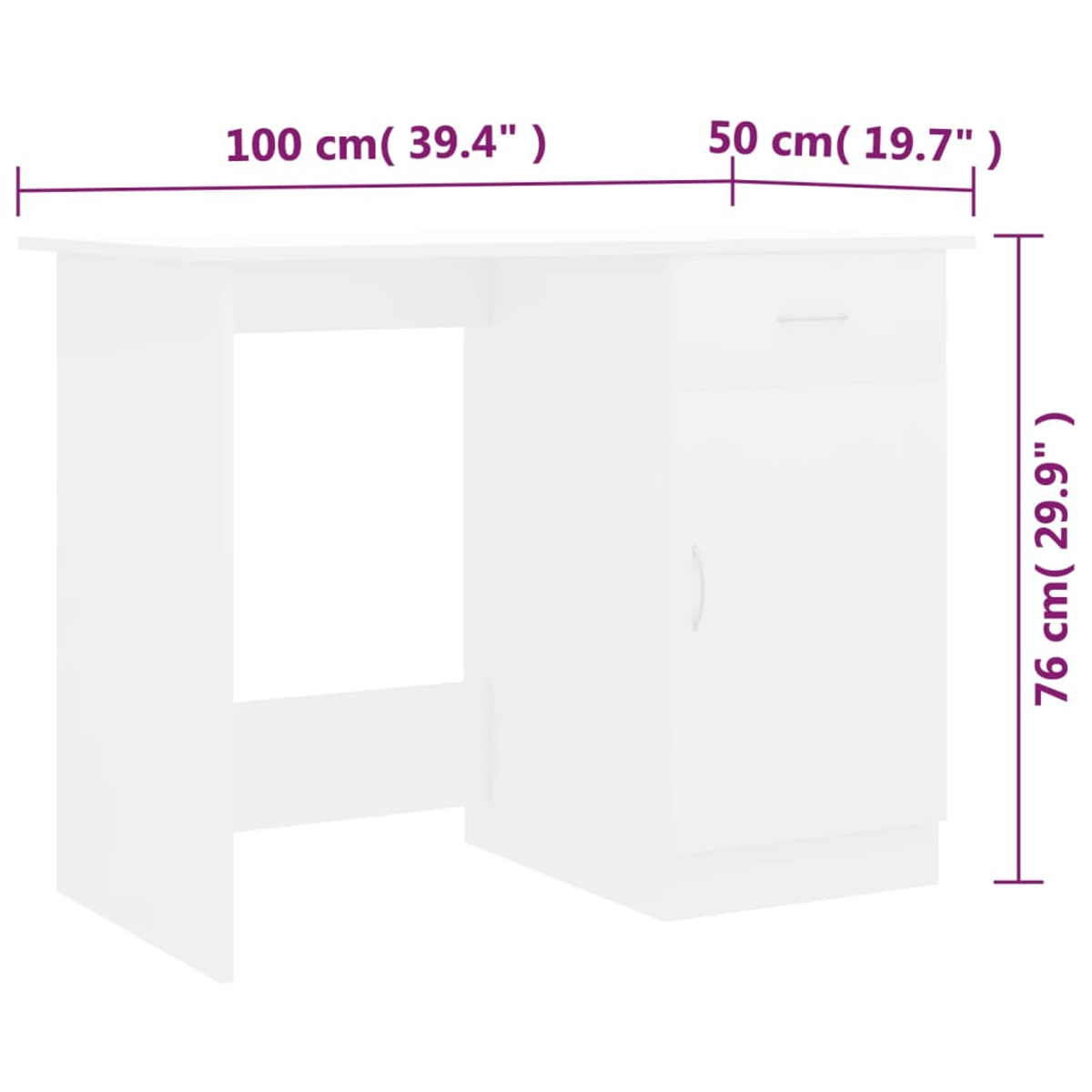 Ein weißer Schreibtisch mit Maßangaben. Er hat eine Schublade, eine Tür und eine Tischplatte. Maße sind 100 cm, 50 cm und 76 cm.