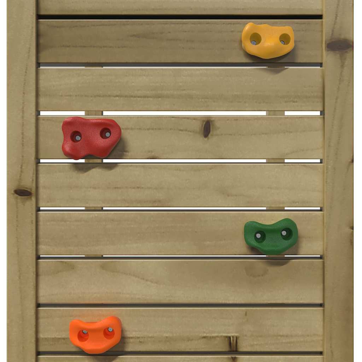 Muro di arrampicata in legno con quattro prese colorate: arancione, rosso, verde e giallo. Il muro ha doghe orizzontali.