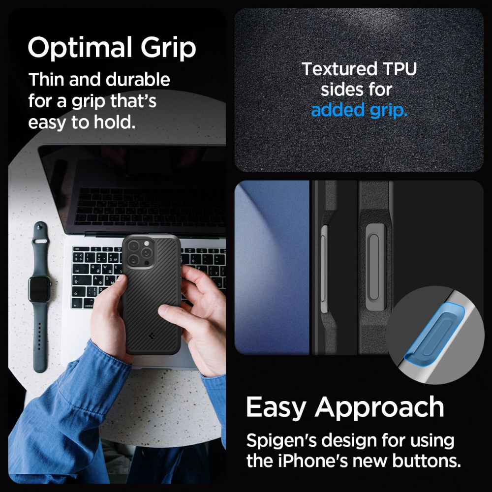 Ręka trzyma czarne etui na telefon na laptopie, smartwatchu i tekst o chwycie. Tło jest czarne.