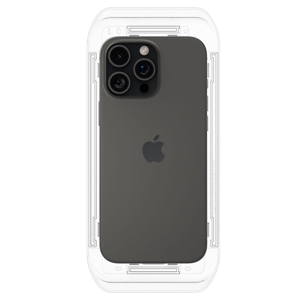 Un iPhone grigio scuro all'interno di una custodia protettiva trasparente. Il telefono ha tre fotocamere e un logo Apple. La custodia ha un bordo bianco.