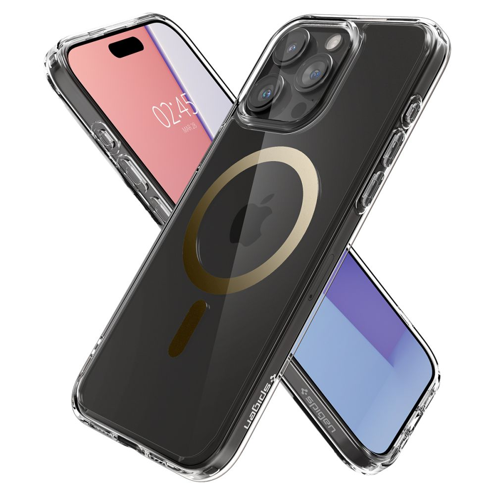 Deux smartphones dans des coques transparentes, l'un avec écran et l'autre avec anneau MagSafe. Marque Spigen visible.