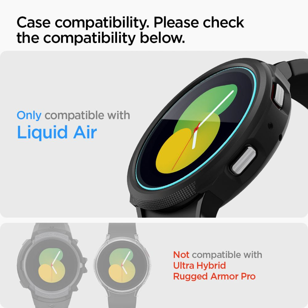 Smartwatch nero con informazioni di compatibilità. Visualizza il testo: 'Compatibile solo con Liquid Air'. Non compatibile con altri modelli.