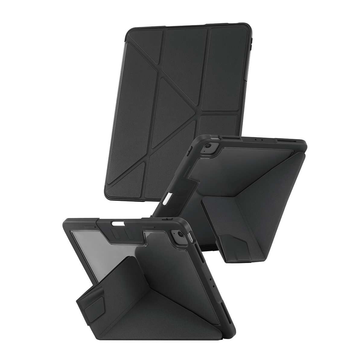 Beyaz zemin üzerinde üç siyah tablet kılıfı sergileniyor. Bir kılıf açık, ikisi kapalı. Tüm kılıflar geometrik tasarımlara sahip.