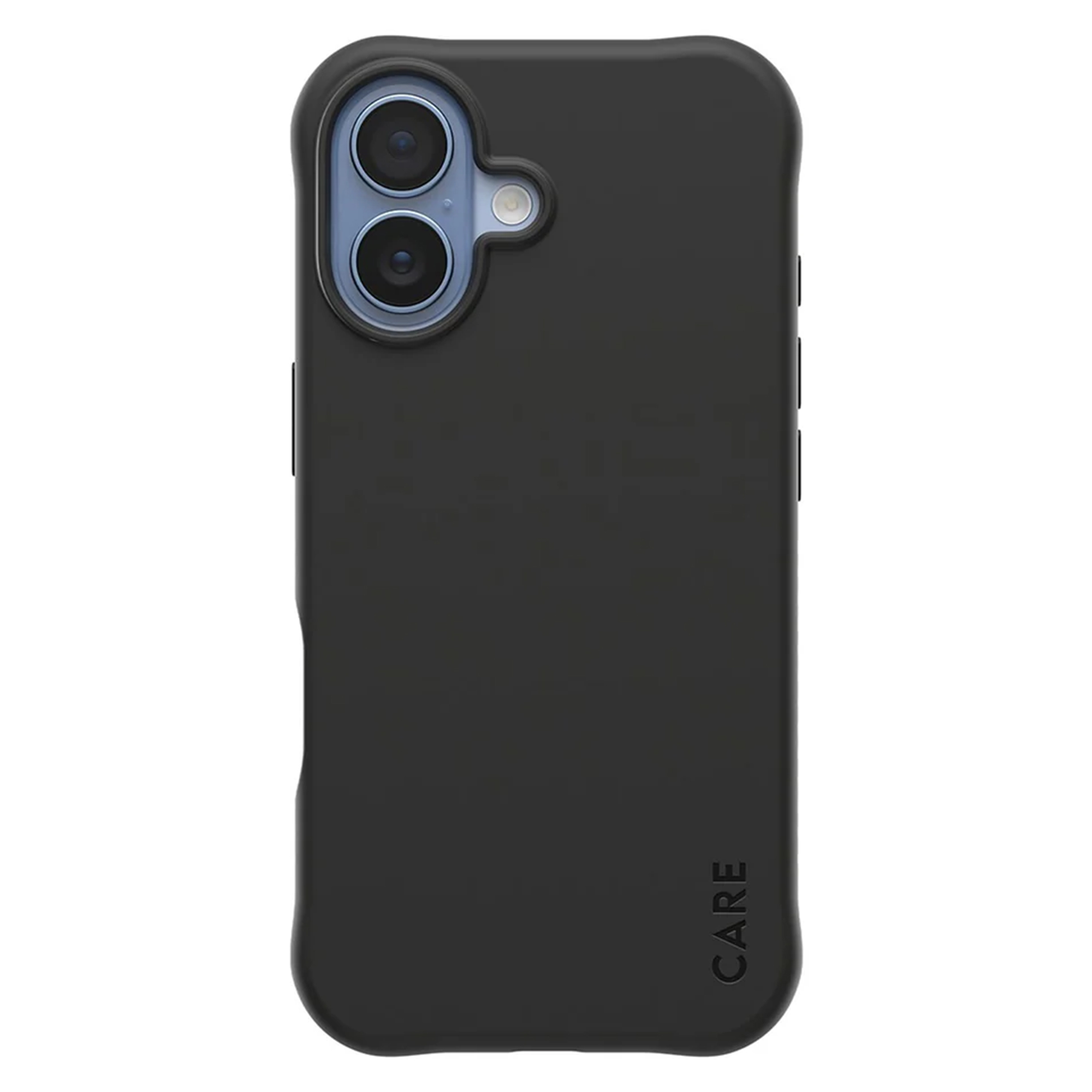 İki kamera lensli siyah bir telefon kılıfı. CARE kelimesi sağ alt köşeye basılmıştır.