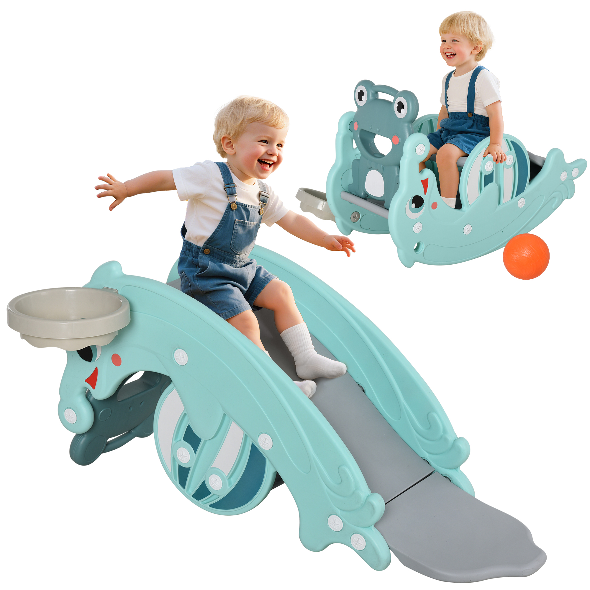 Due bambini giocano su uno scivolo blu e un giocattolo a dondolo. Uno scivola giù, l'altro dondola su un giocattolo a forma di rana.