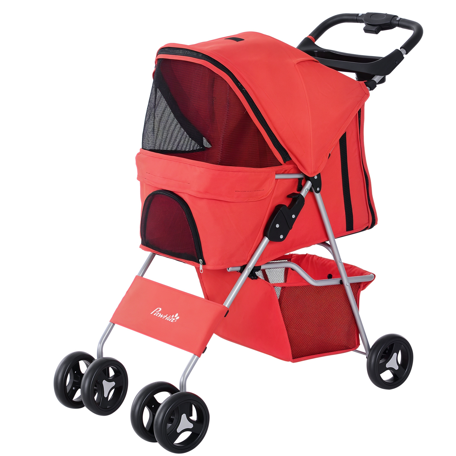 Passeggino rosso per animali domestici con finestre a rete nere e maniglia, quattro ruote nere e un cestino.