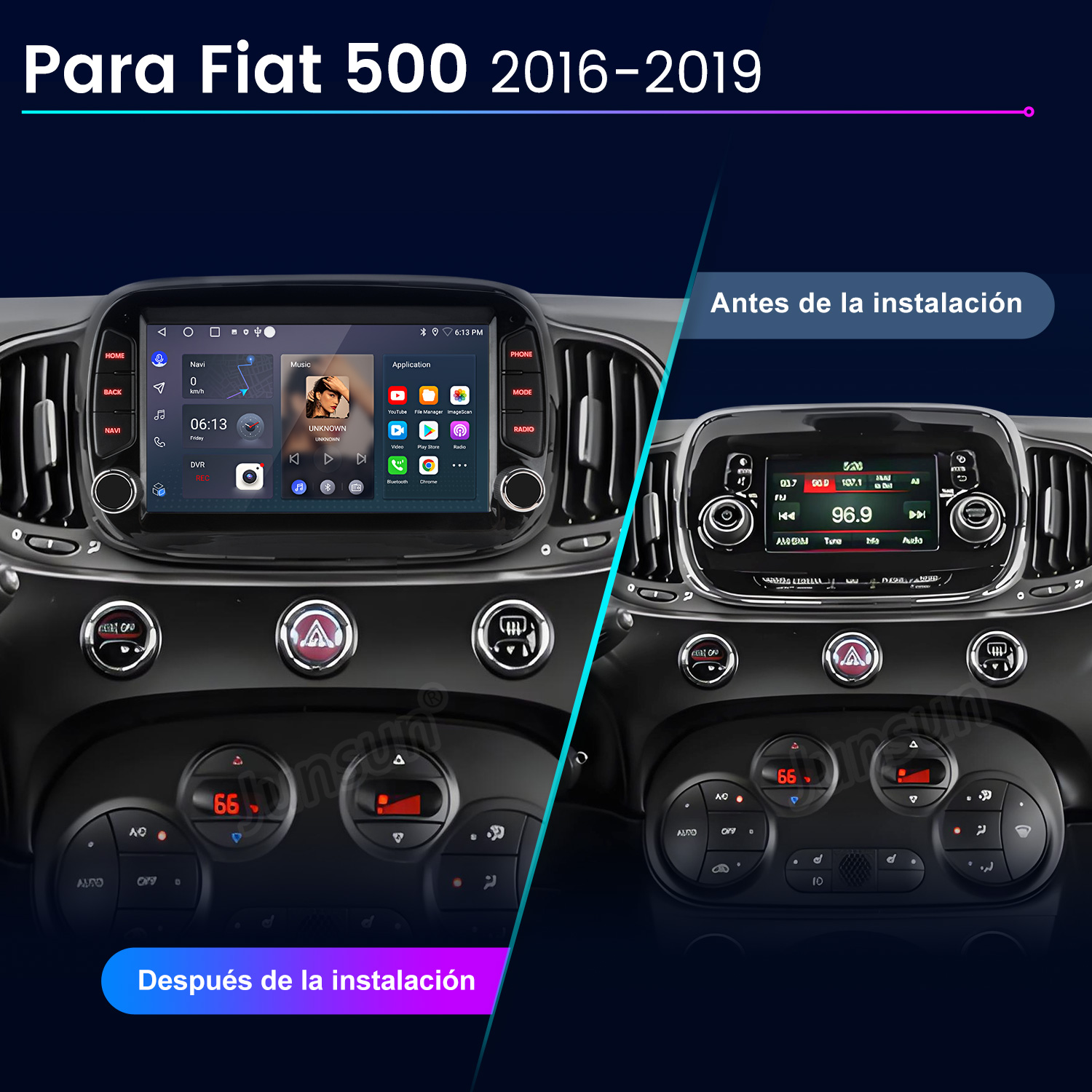 La imagen muestra el salpicadero de un coche antes y después de instalar un nuevo sistema multimedia. El nuevo sistema está a la izquierda.