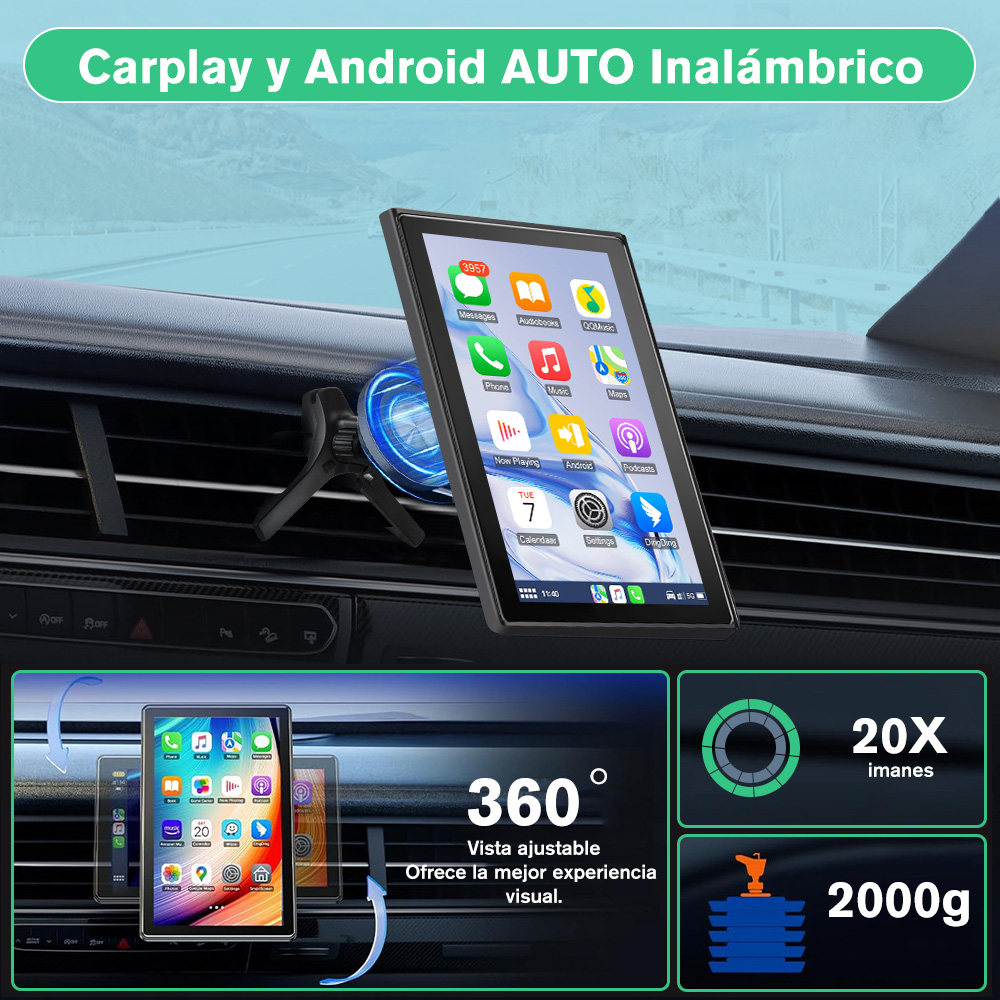 Pantalla Carplay/Android Auto en un coche. Incluye apps, ajuste 360 grados y 20x imanes.