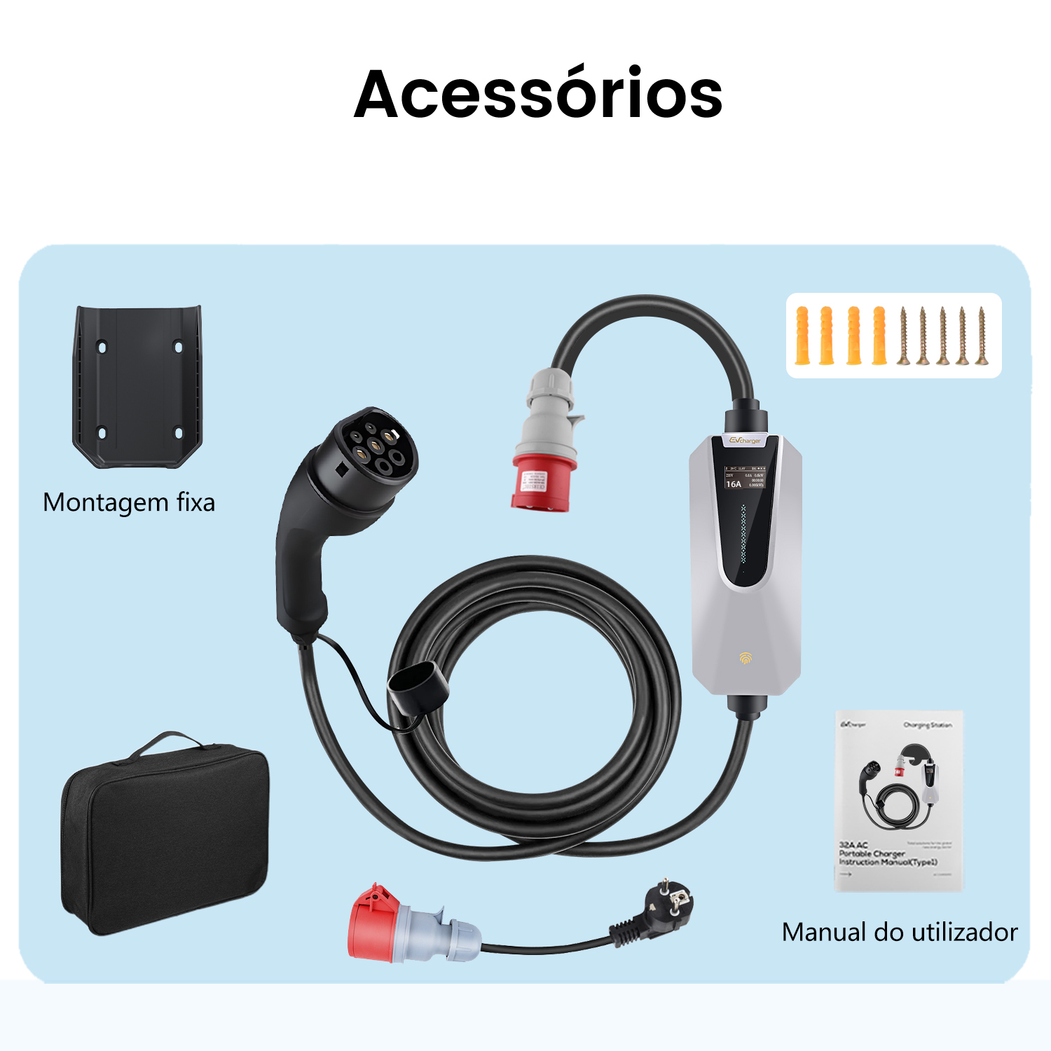 Un juego de cargador para vehículos eléctricos. Incluye cargador, cables, conectores, soporte de montaje, tornillos, bolsa de transporte y manual.