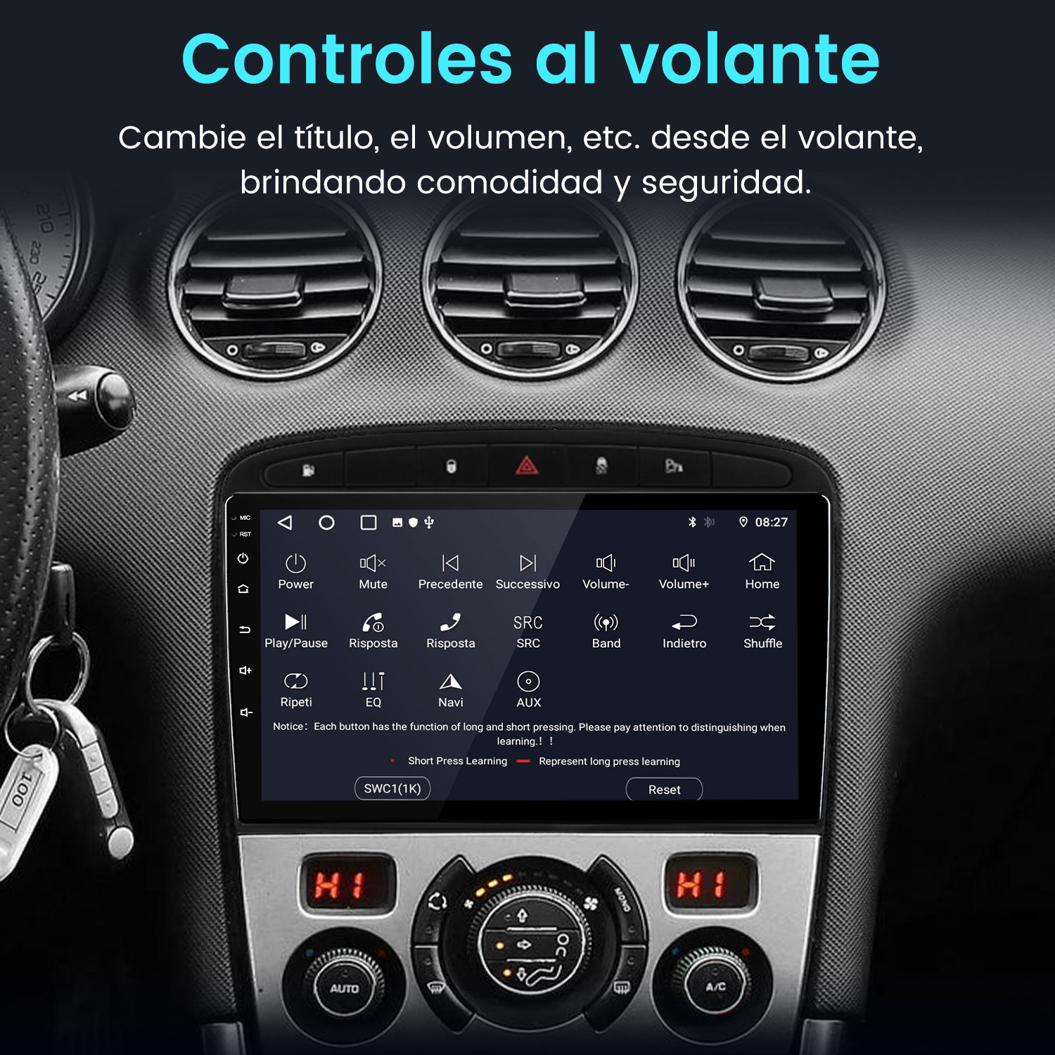 Panel del coche con pantalla que muestra opciones y controles. Incluye botones, rejillas de ventilación y llavero.