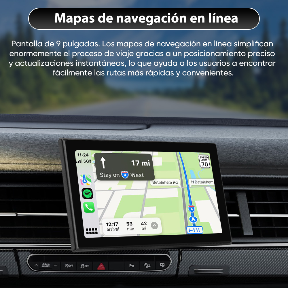 Panel del coche con pantalla de navegación mostrando un mapa. Límite de velocidad 70. Hora 12:17 llegada, 53 minutos y 42 millas.