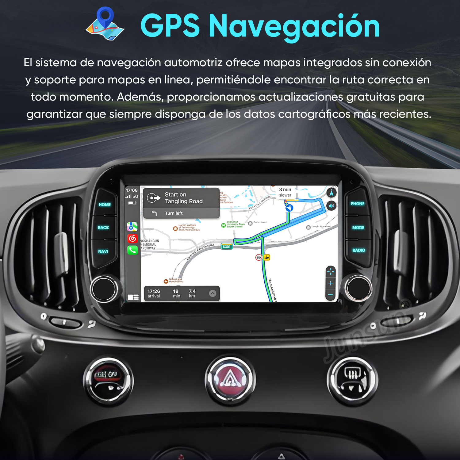 Panel del coche con navegación GPS, mapa, indicaciones de ruta y botones de control. La pantalla muestra un mapa.