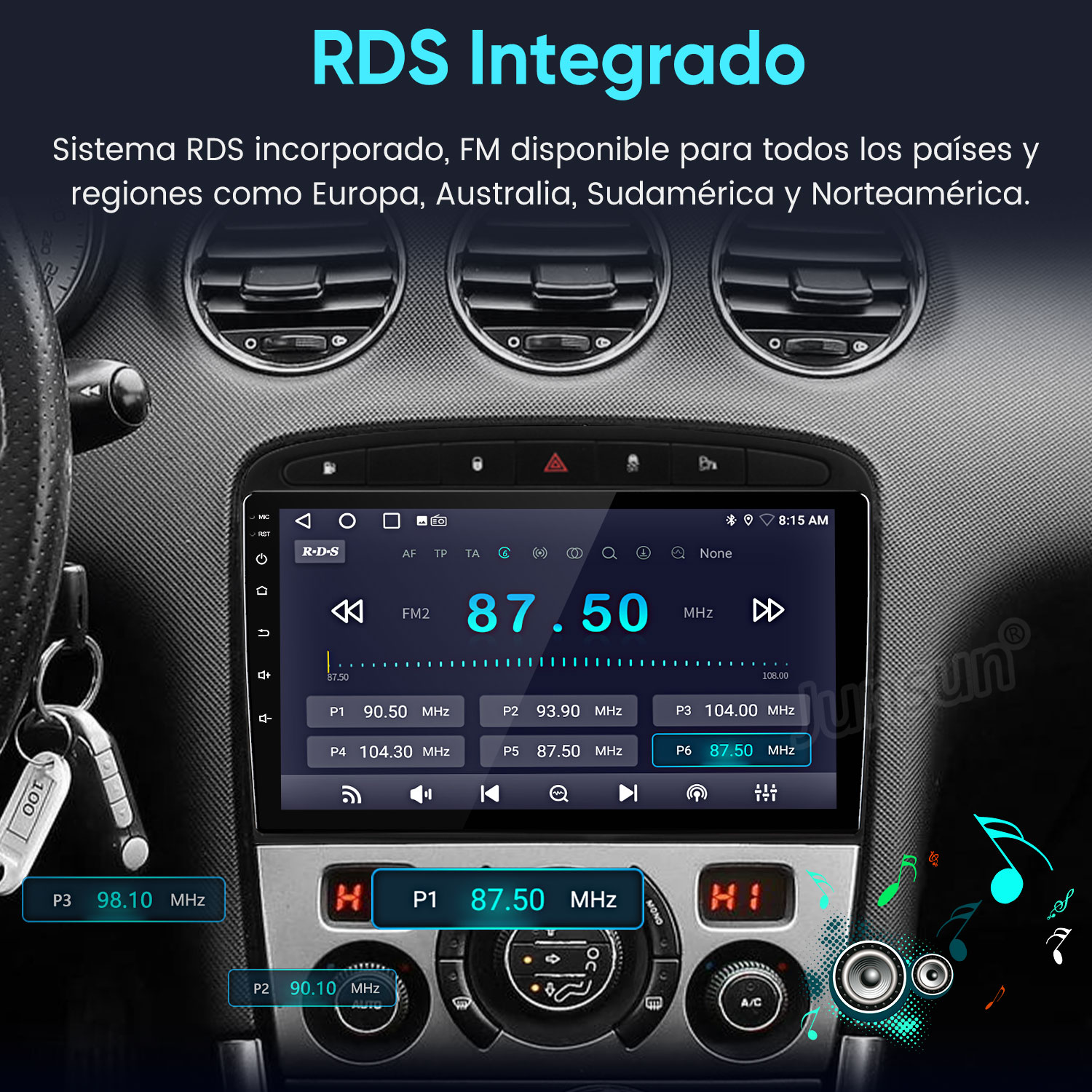 Pantalla de radio de coche mostrando frecuencia FM 87.50 MHz, con otros botones de radio. Salpicadero de coche con llaves a la izquierda.