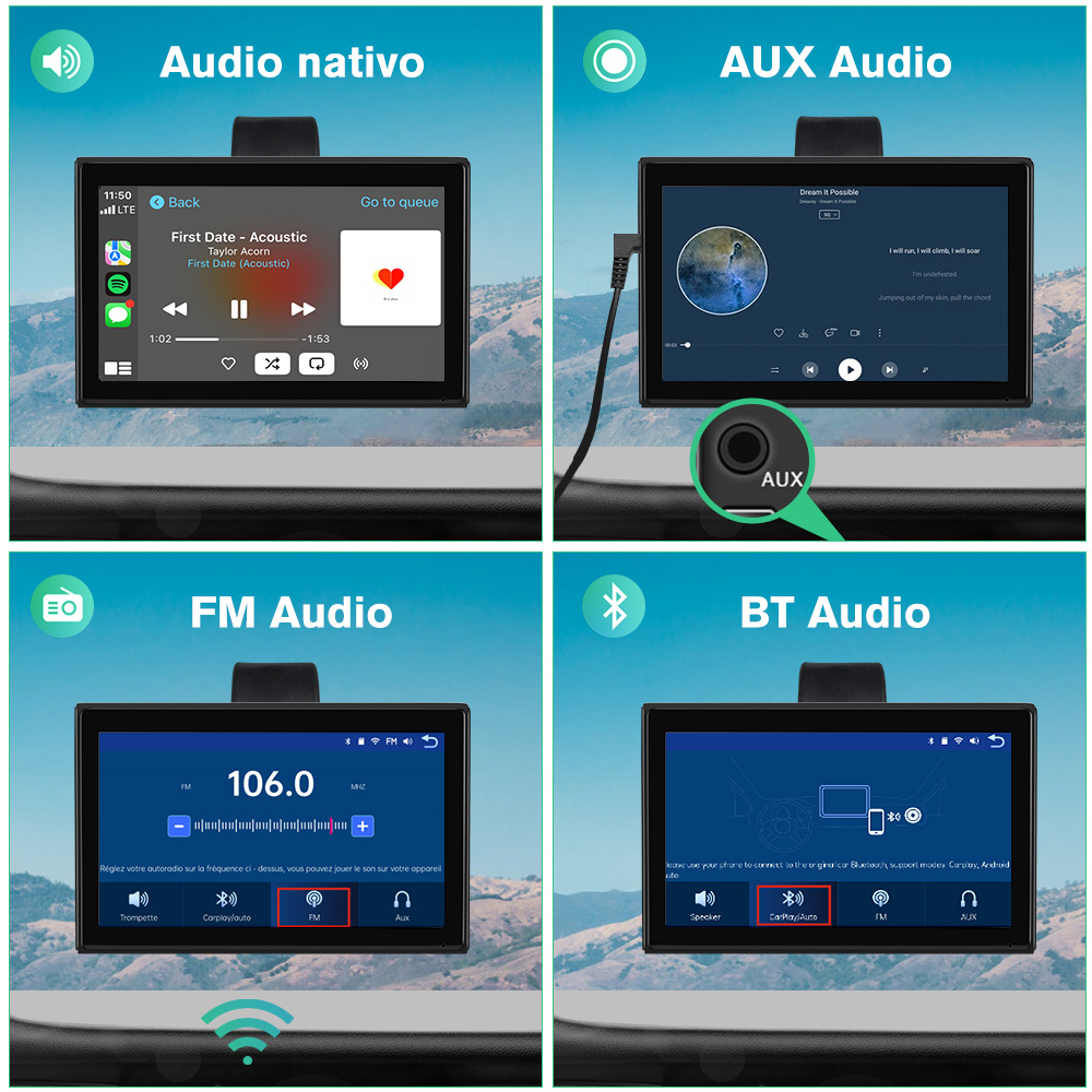 Pantalla de radio de coche que muestra opciones de música y radio: audio nativo, AUX, FM y BT.