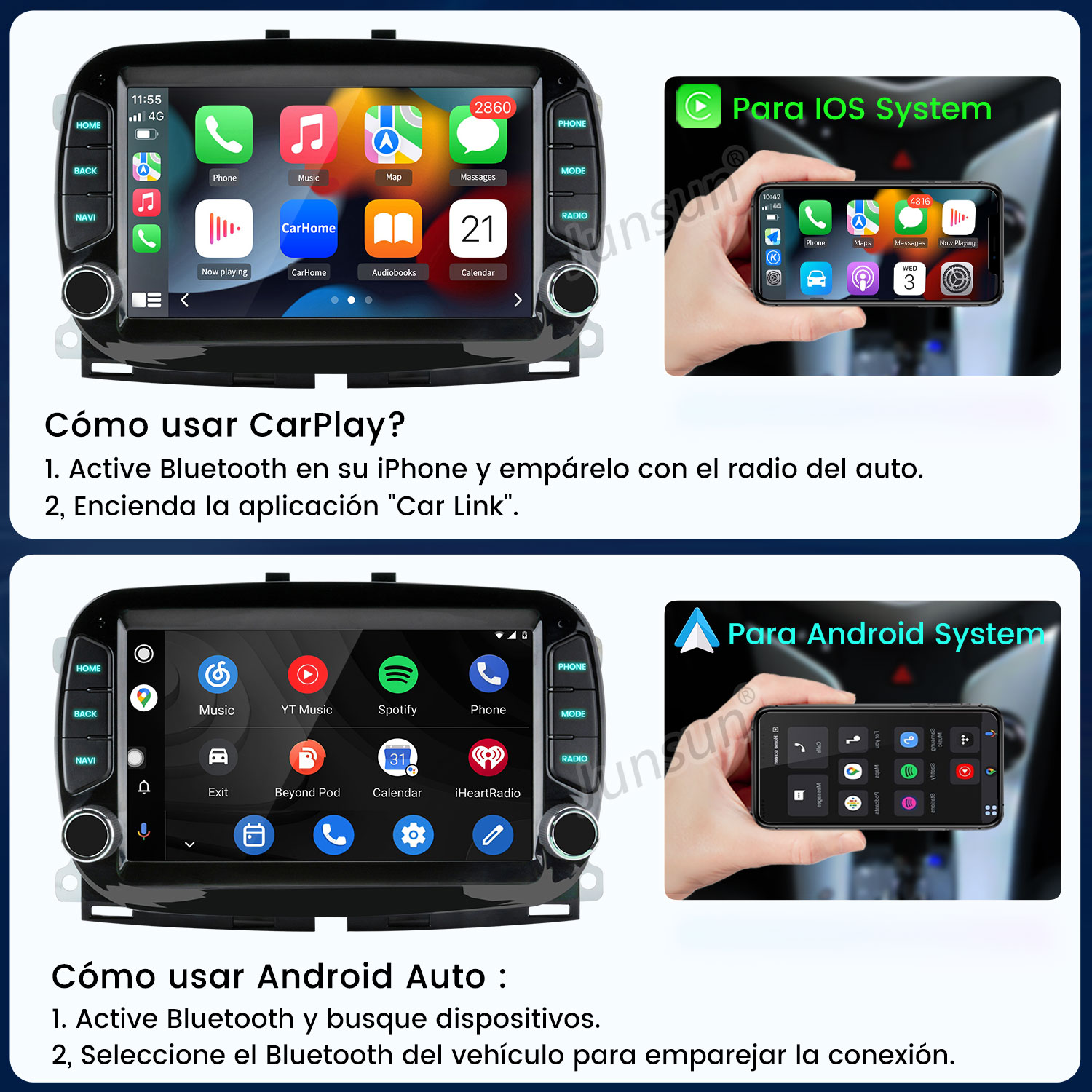 La imagen muestra pantallas de radio de coche con instrucciones de configuración de CarPlay y Android Auto.