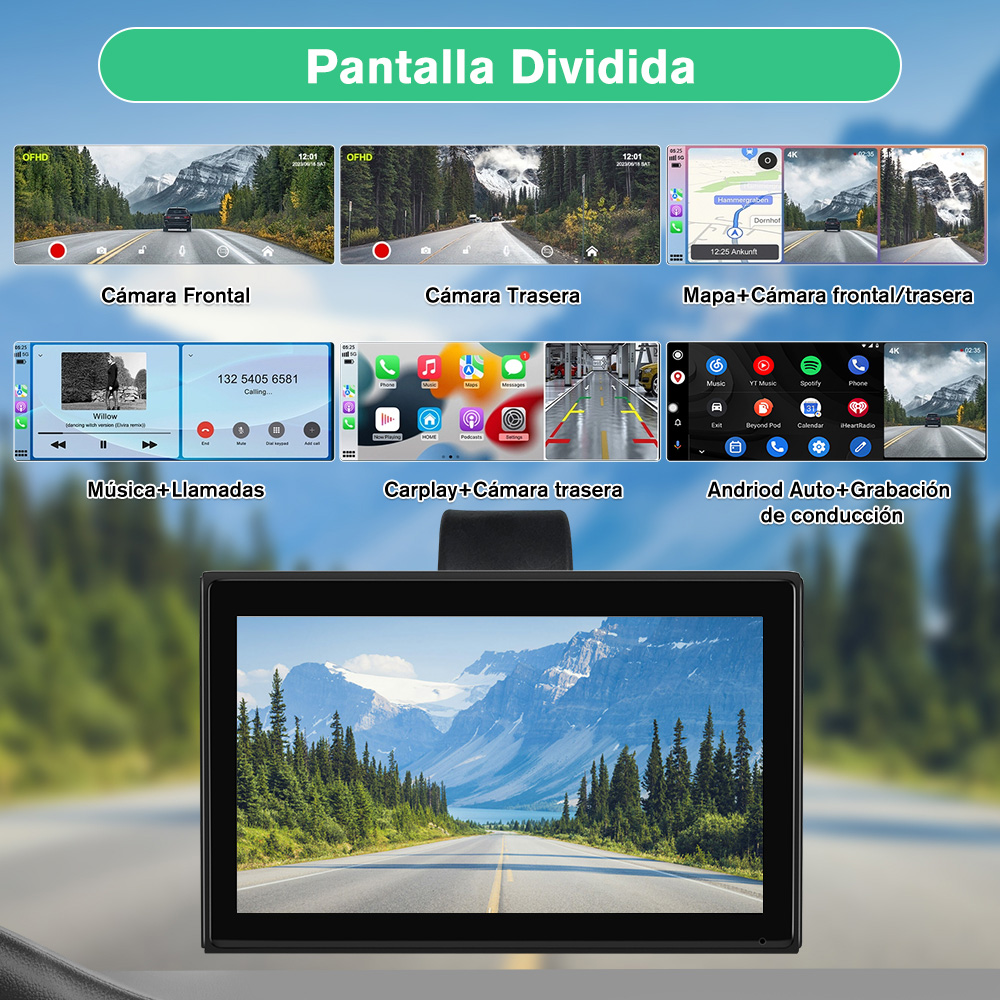 Un panel de control de automóvil que muestra varias aplicaciones y vistas de cámara, incluida la navegación, la música y la vista trasera, con montañas.