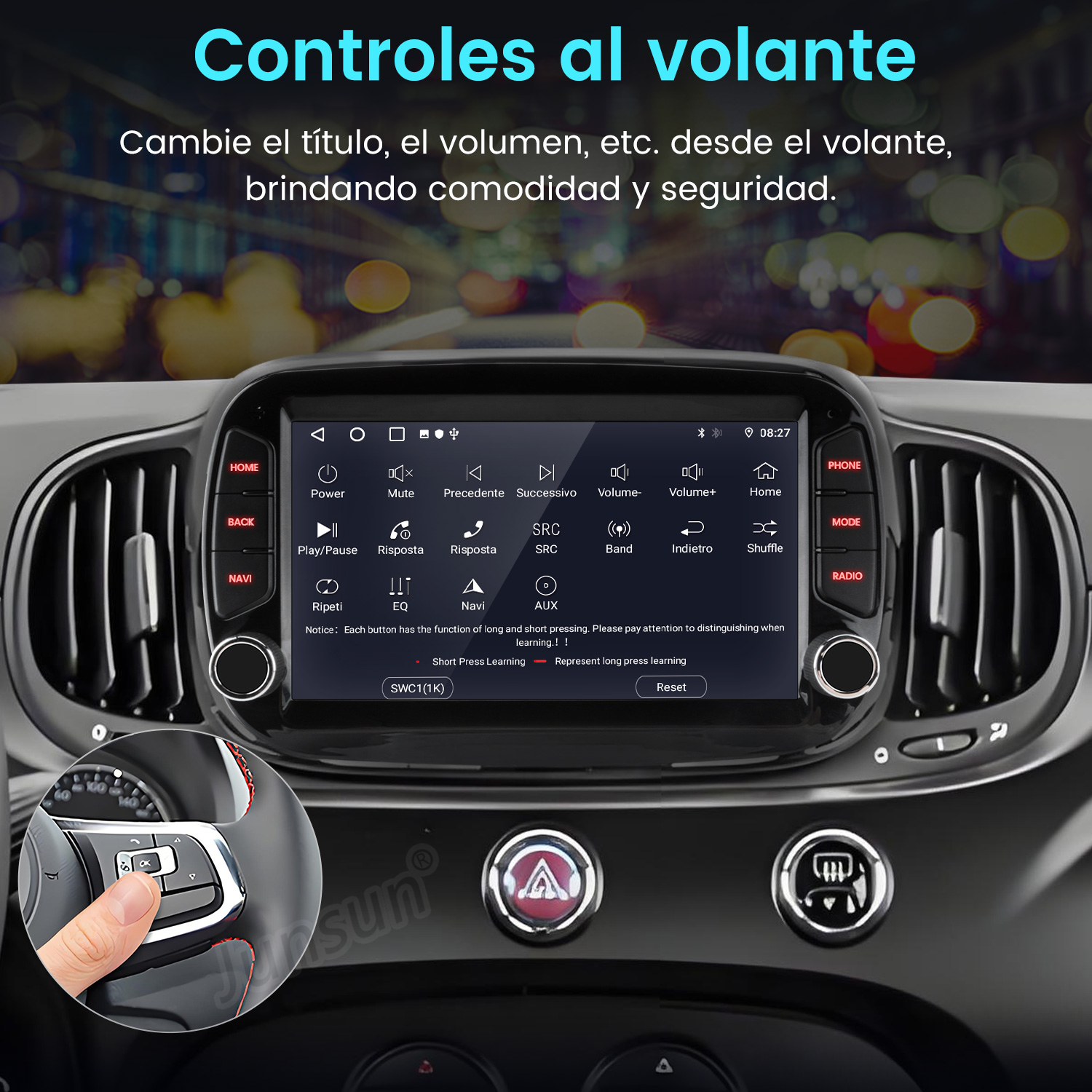 Panel del coche con pantalla táctil y controles del volante. Mano presionando un botón en el volante. Texto en español.