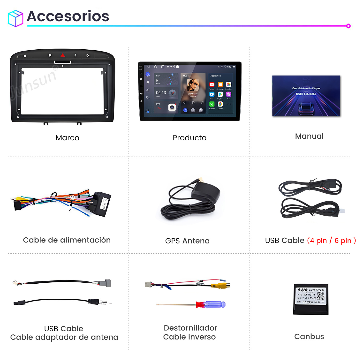 La imagen muestra accesorios para automóviles: un marco, una pantalla del producto, un manual, cables, antena, cables USB, destornillador y un dispositivo canbus.