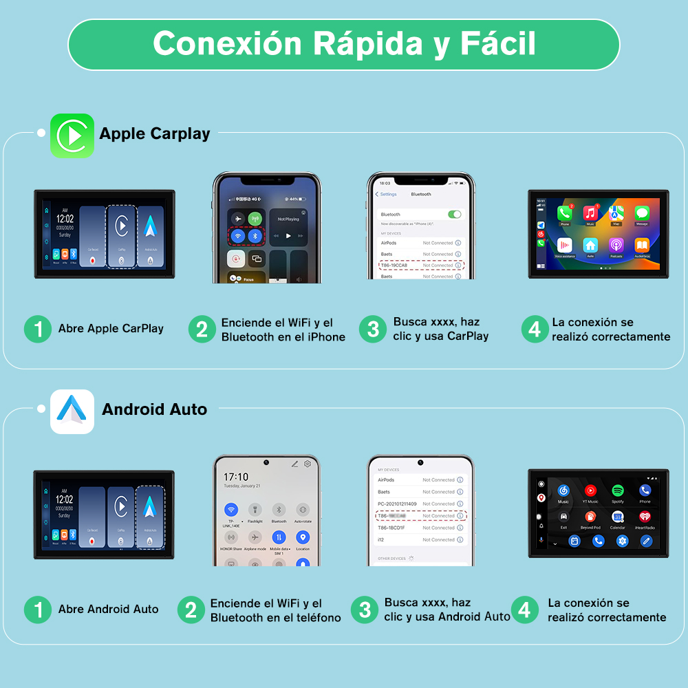 Diagrama que muestra los pasos para conectarse a Apple CarPlay y Android Auto. Incluye pantallas de teléfono e imágenes de pantalla del coche.