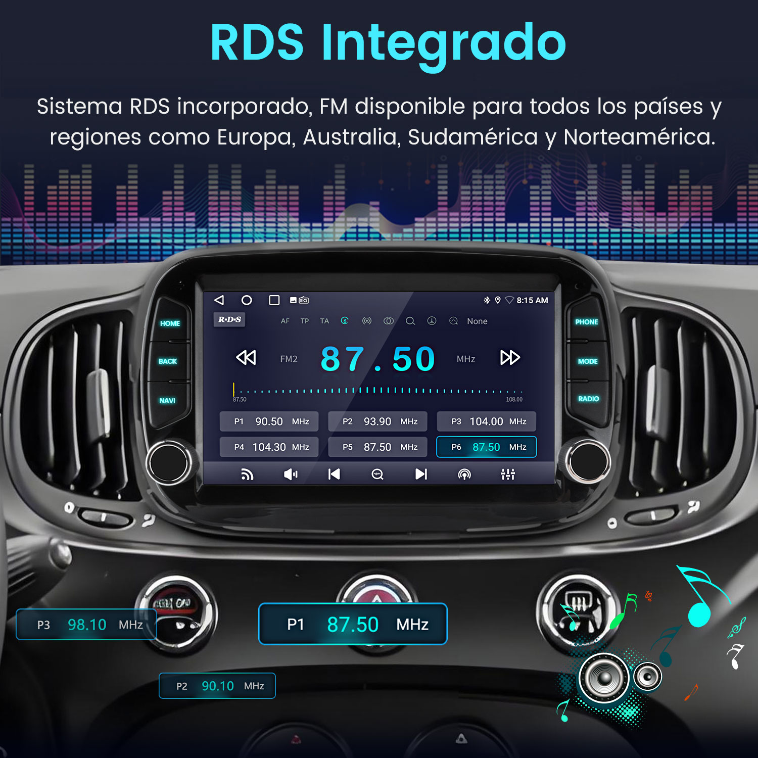 Pantalla de radio del coche mostrando la frecuencia FM 87.50 MHz. Botones de inicio, atrás, teléfono, modo y radio visibles.