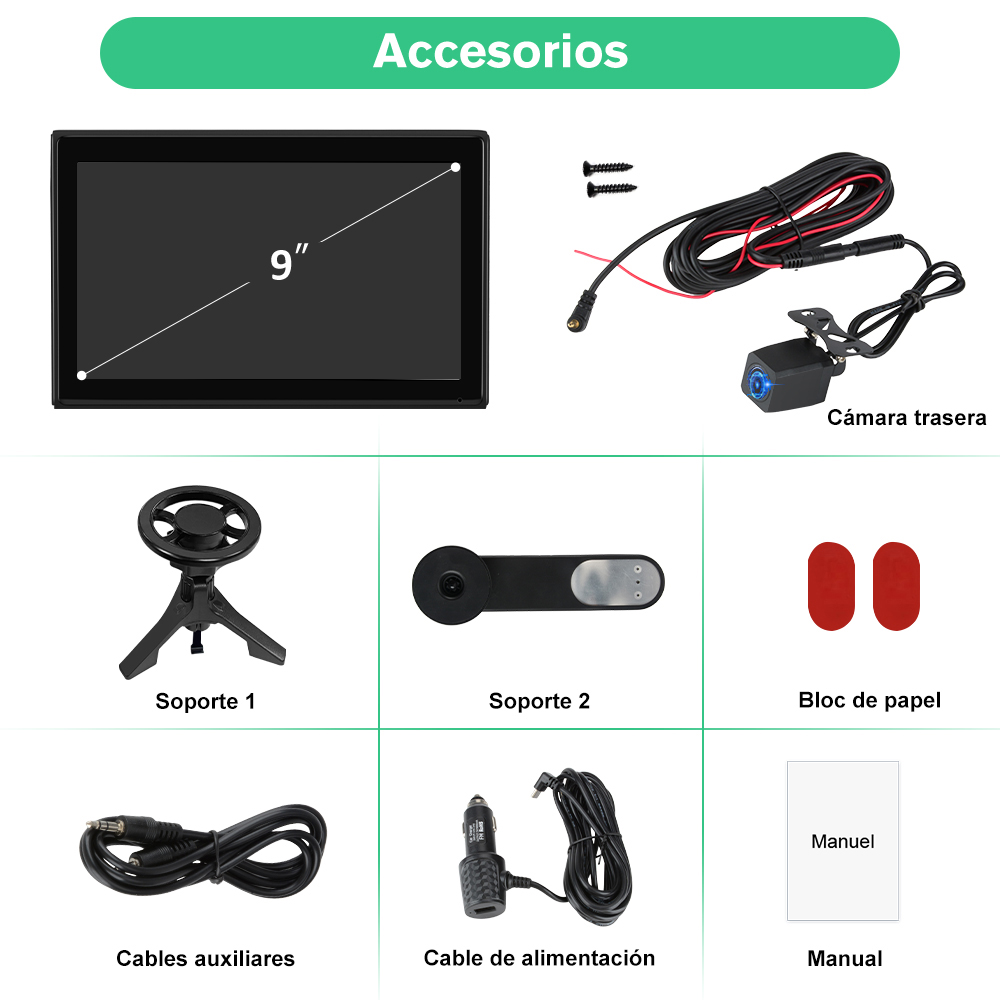La imagen muestra accesorios para automóviles: una pantalla, una cámara trasera, soportes, pegatinas rojas, cables, un cable de alimentación y un manual.