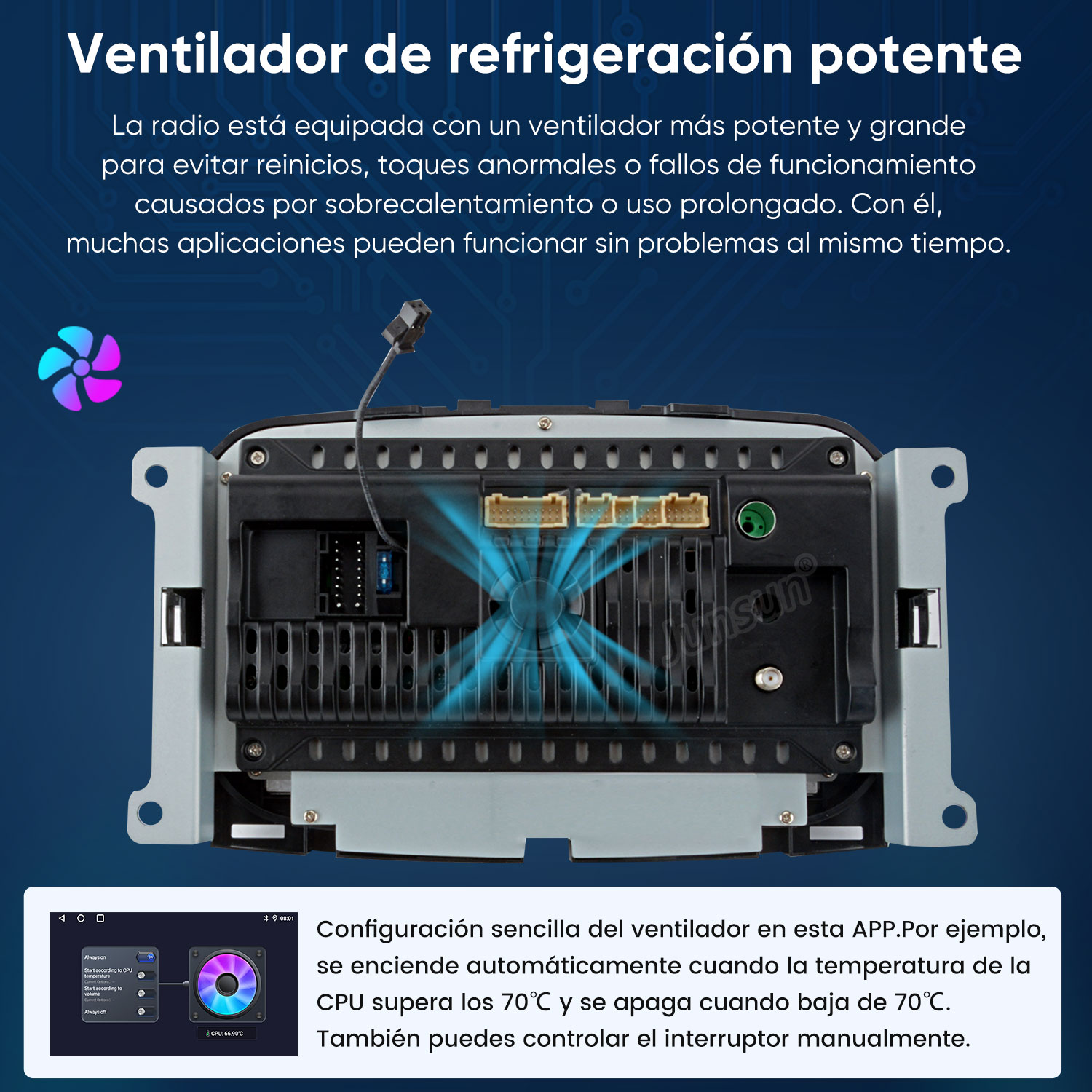 Componente de radio de coche con ventilador, superposición de texto. El ventilador ayuda a evitar el sobrecalentamiento. Pantalla muestra la temperatura y la configuración.
