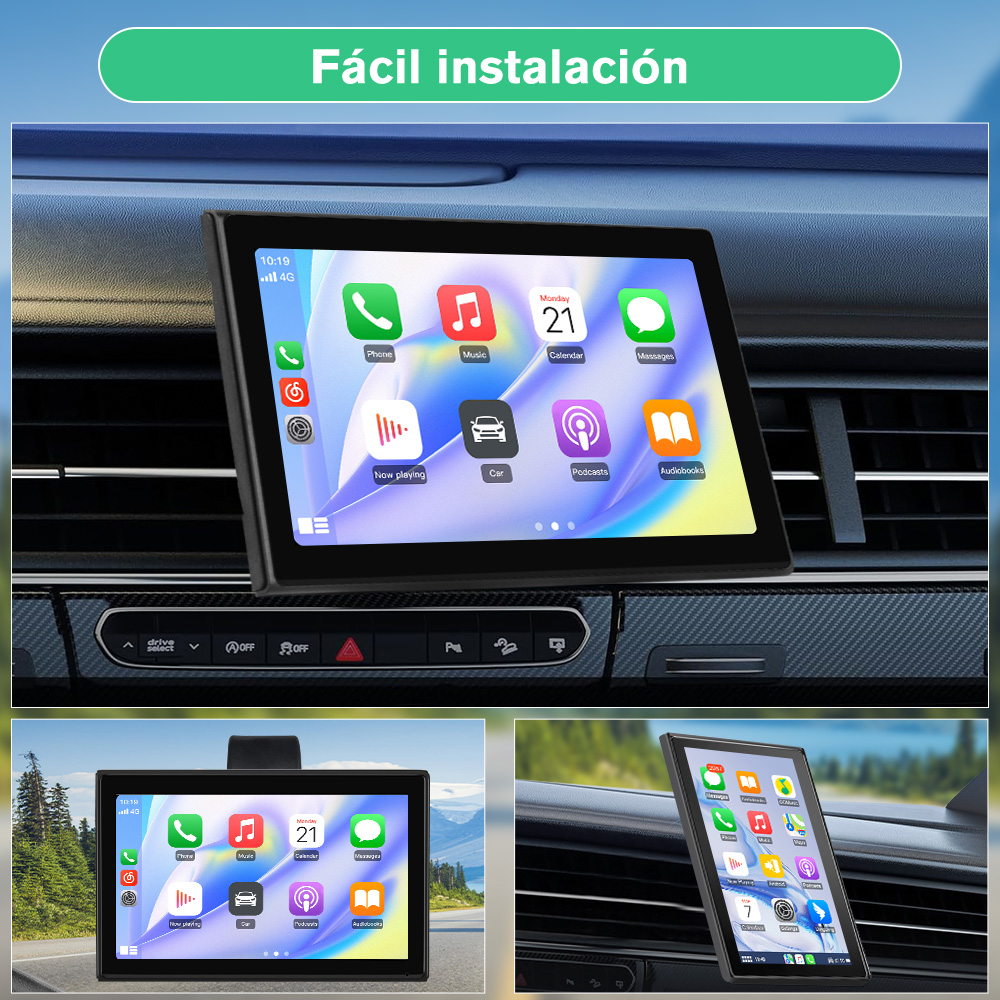 Una pantalla del sistema de infoentretenimiento del automóvil muestra iconos de aplicaciones: teléfono, música, calendario, mensajes, reproduciendo, coche, podcasts y audiolibros.