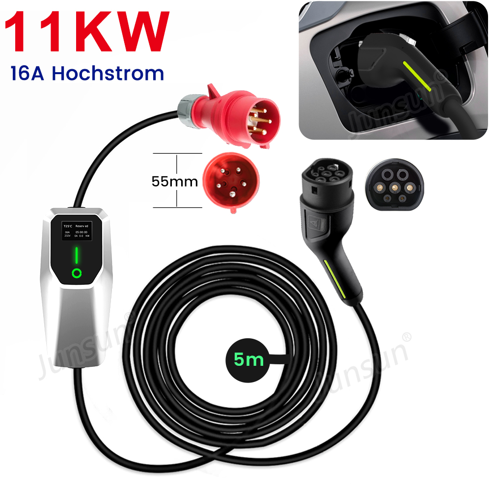 La imagen muestra equipos de carga de vehículos eléctricos: cable, enchufes y pantalla. El texto dice 11KW y 16A Hochstrom.