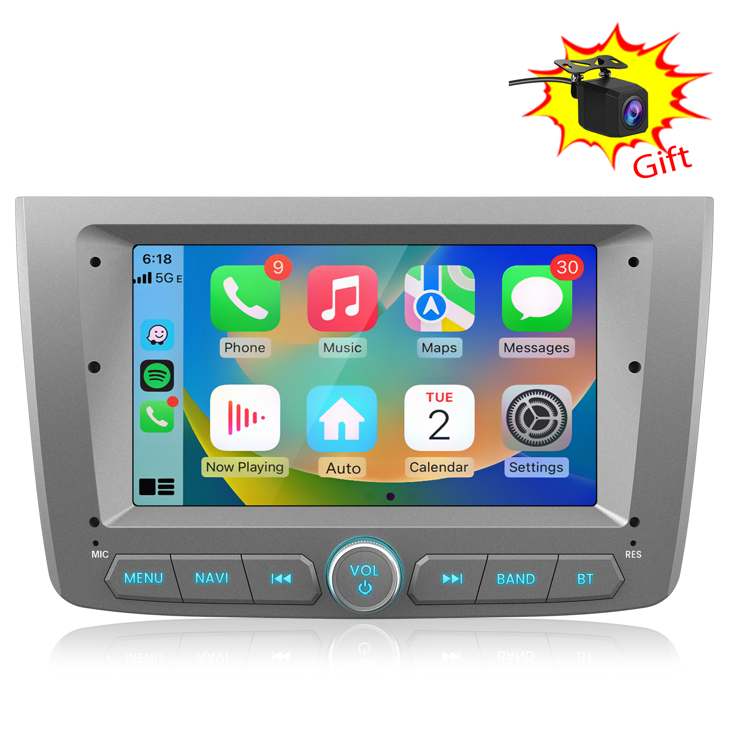 Pantalla multimedia de coche mostrando iconos de aplicaciones. Incluye teléfono, música, mapas y mensajes. Una cámara de regalo se muestra arriba.
