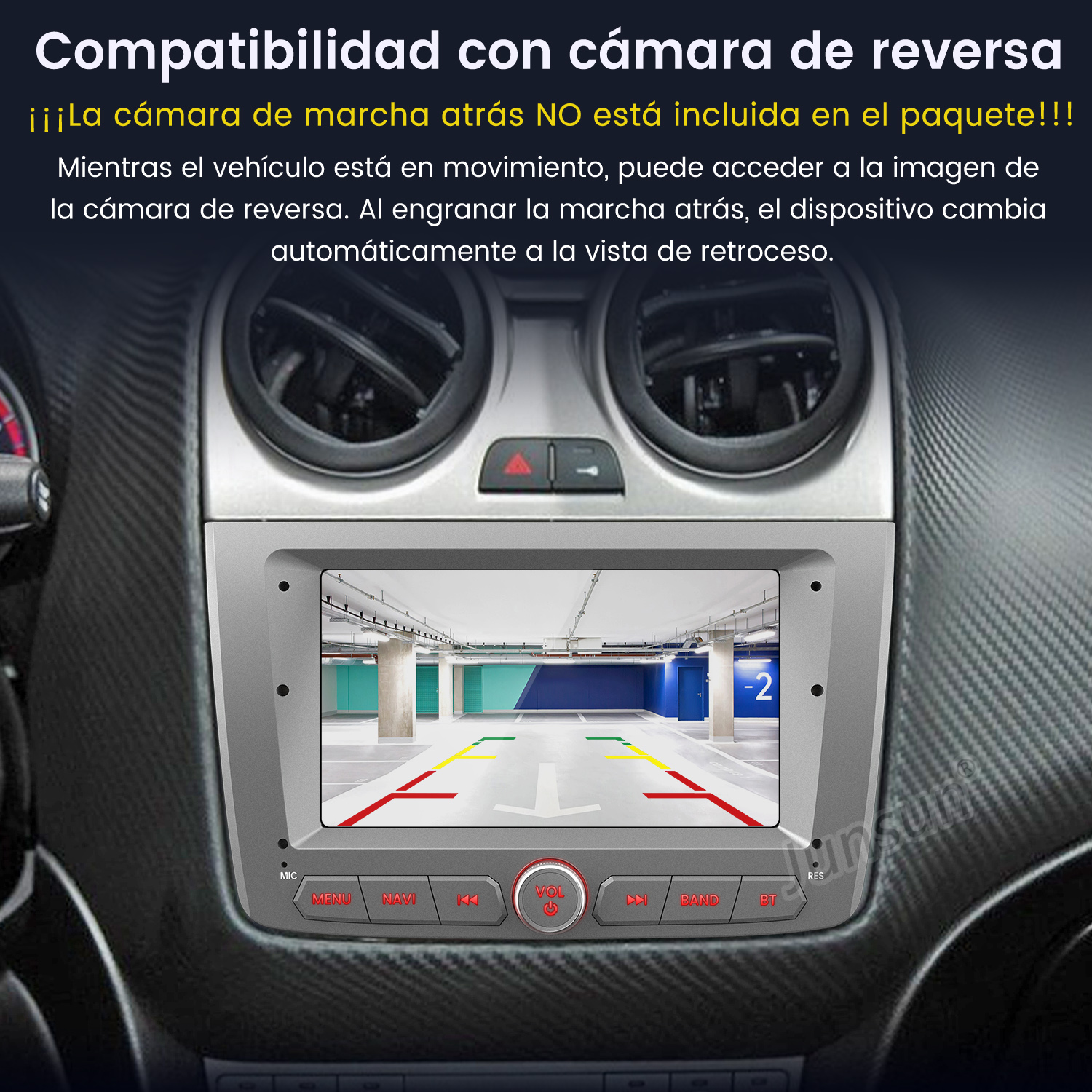 Panel del coche con pantalla que muestra la vista de un garaje. Líneas rojas, amarillas y verdes indican la distancia. Los botones son visibles debajo de la pantalla.