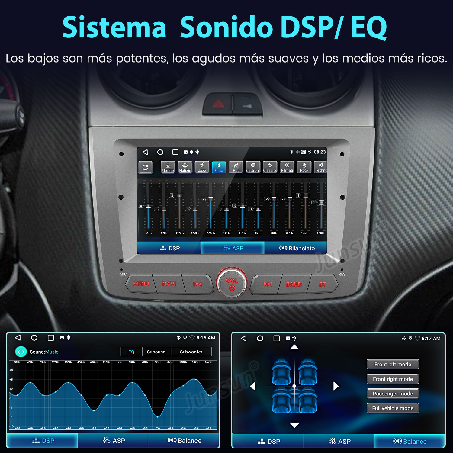 Pantalla de autoestéreo con ajustes de ecualizador y varias opciones de sonido.