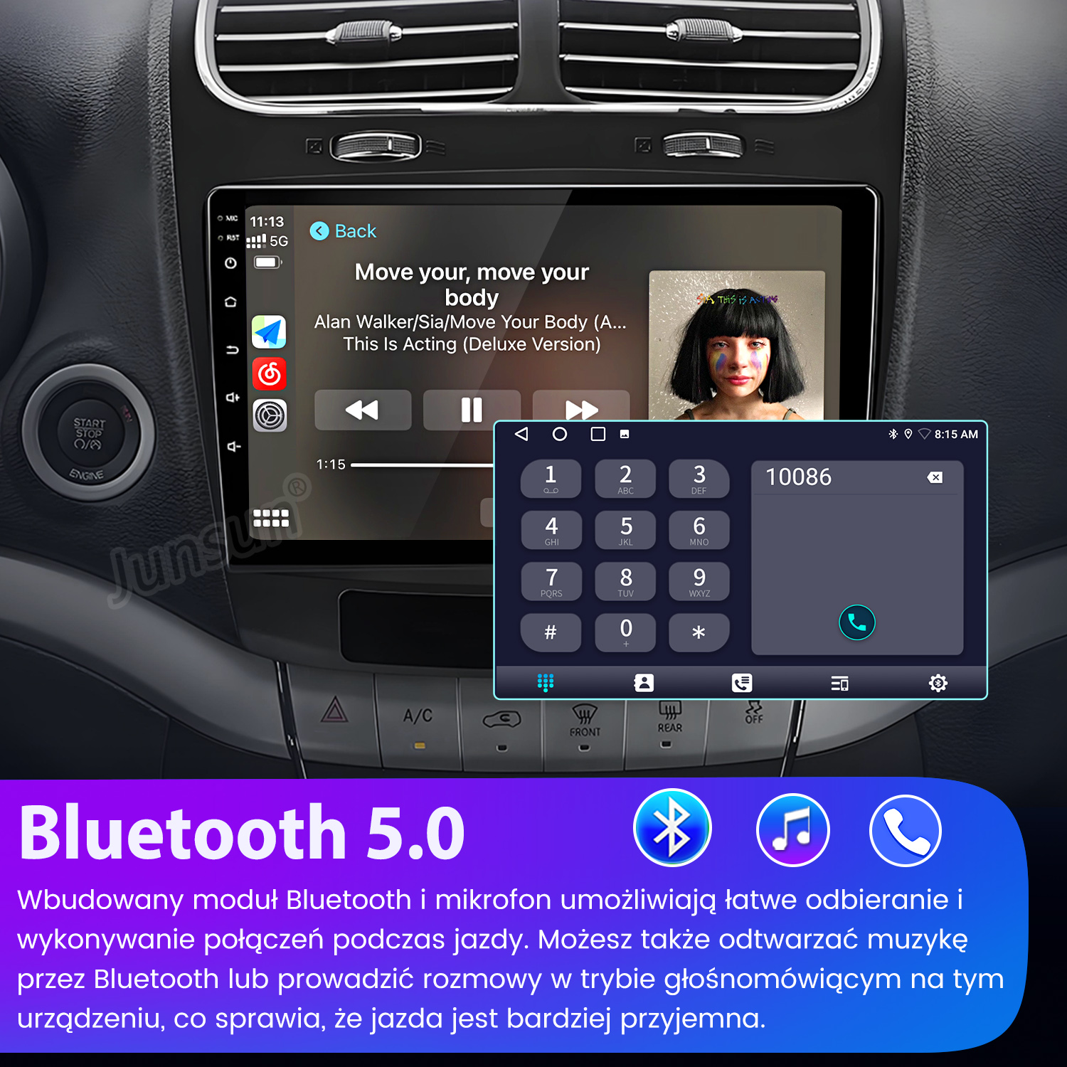 Ekran radia samochodowego wyświetla klawiaturę telefonu, kontrolki muzyki i okładkę albumu. Logo Bluetooth 5.0 na dole.
