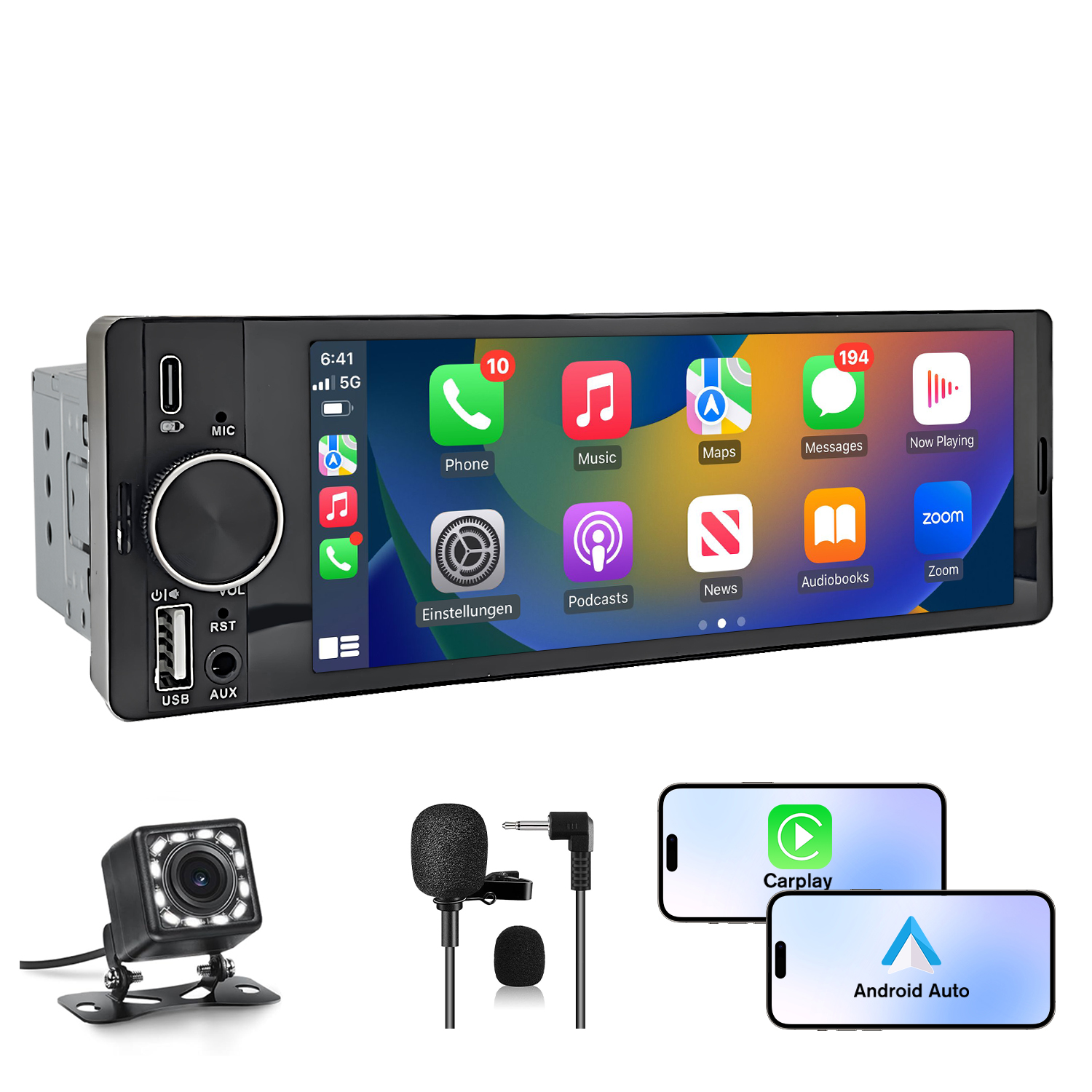 Radio samochodowe z aplikacjami telefonicznymi na ekranie, kamerą cofania, mikrofonem i dwoma smartfonami z CarPlay i Android Auto.