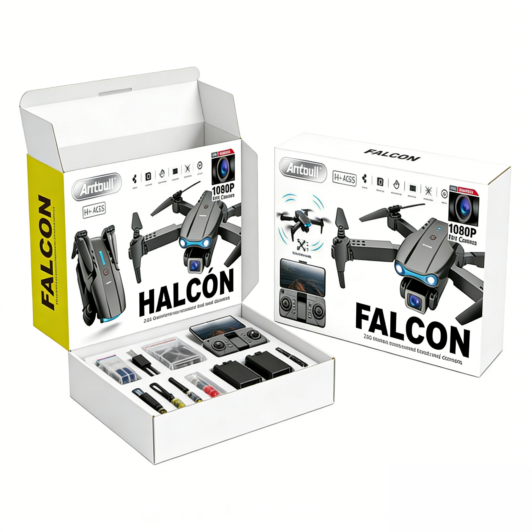 Due scatole di droni aperte, che mostrano il drone e gli accessori. Le scatole sono etichettate 'FALCON' e 'HALCON'.