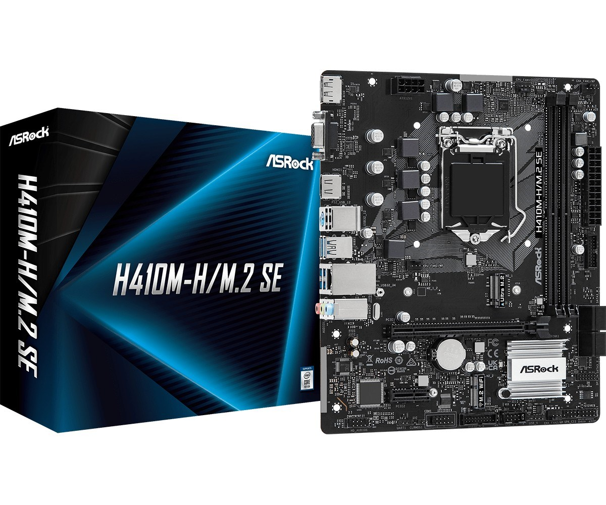 Płyta główna ASRock H410M-H/M.2 SE obok pudełka, z czarną płytką PCB i niebieskimi akcentami na pudełku.
