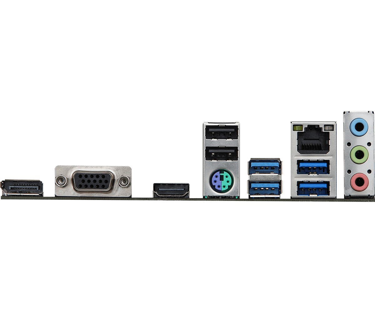 Tylny panel płyty głównej komputera. Widoczne porty USB, audio, wyświetlacza i sieci.
