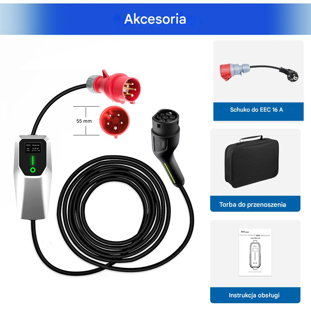 Obraz przedstawia akcesoria do ładowania EV. Zawiera ładowarkę, wtyczki, torbę transportową i instrukcję. Kolory to czerwony, czarny i szary.
