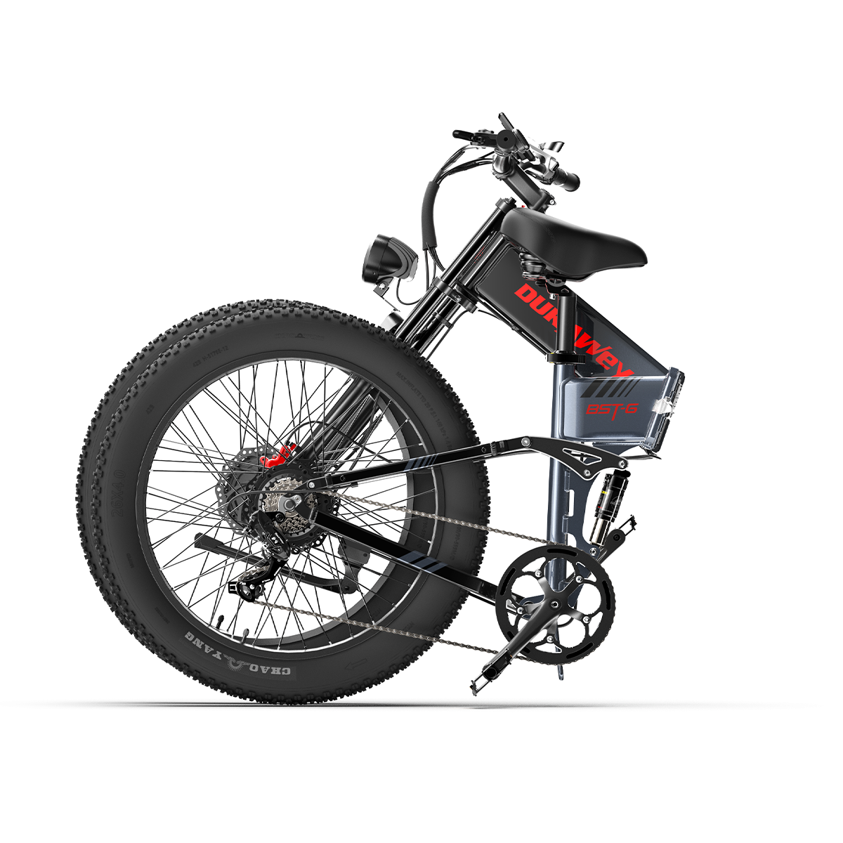 Czarno-szary rower elektryczny z grubymi oponami, nazwa 'DUNWAY' widoczna na ramie. Tło jest białe.