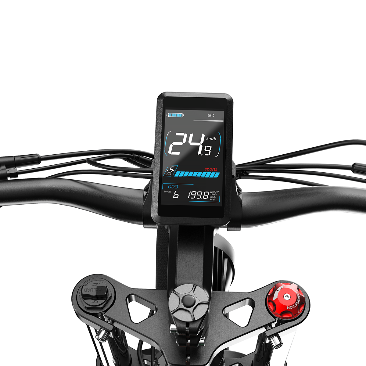 Zbliżenie kierownicy roweru elektrycznego z cyfrowym wyświetlaczem pokazującym prędkość 24,9 km/h. Wyświetlacz pokazuje również poziom naładowania baterii i inne dane.