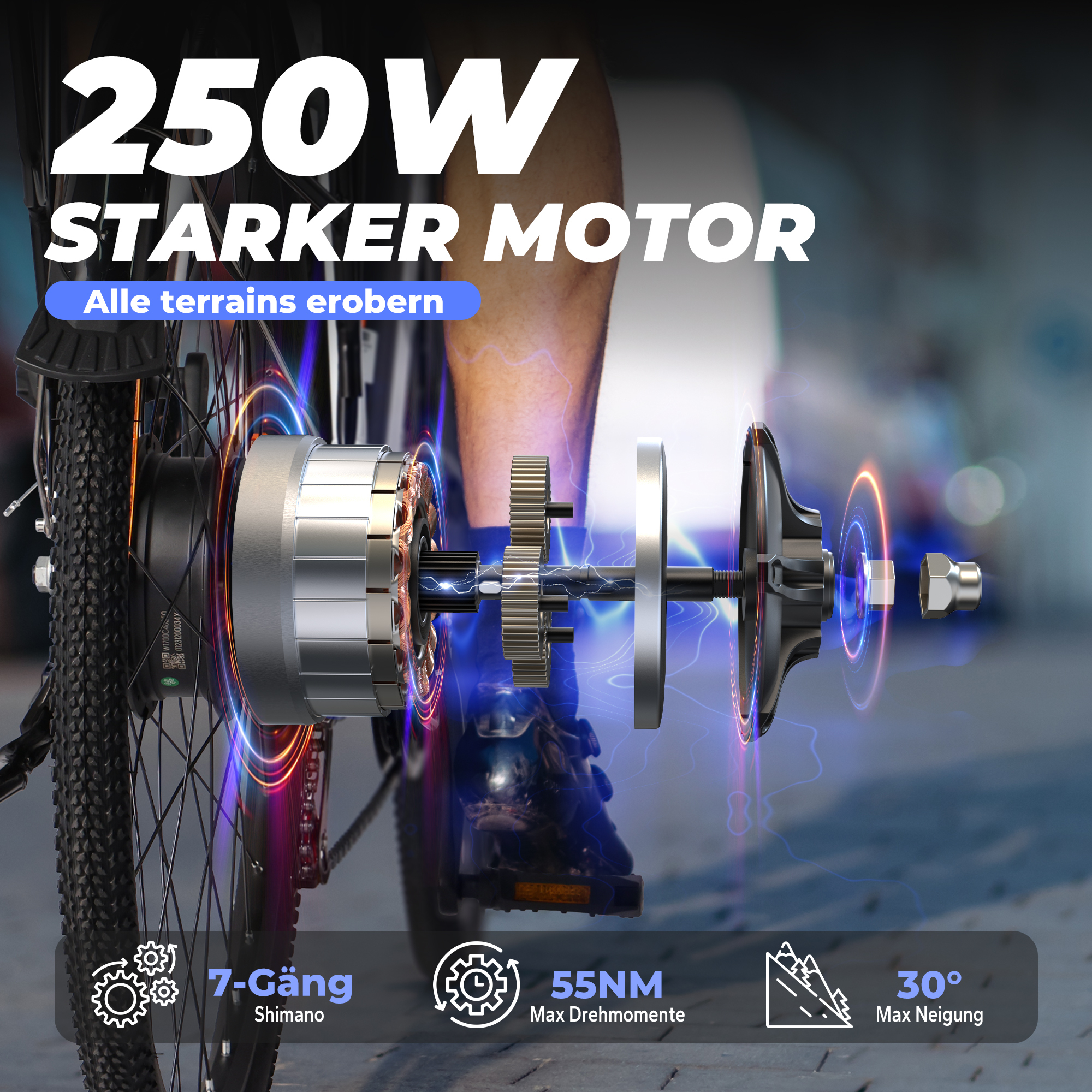 Obraz przedstawia silnik roweru elektrycznego z tekstem podkreślającym jego moc i cechy. Zawiera koła zębate, koło i specyfikacje.