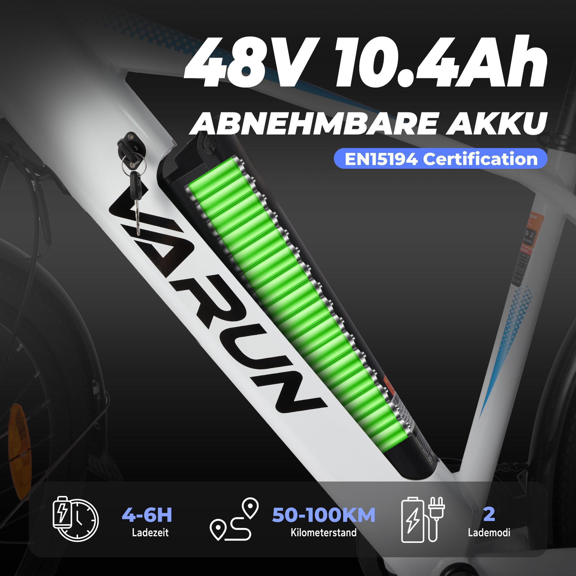 Bateria do roweru elektrycznego marki 'VARUN'. Specyfikacje: 48V, 10.4Ah. Cechy: wyjmowana bateria i certyfikat EN15194.