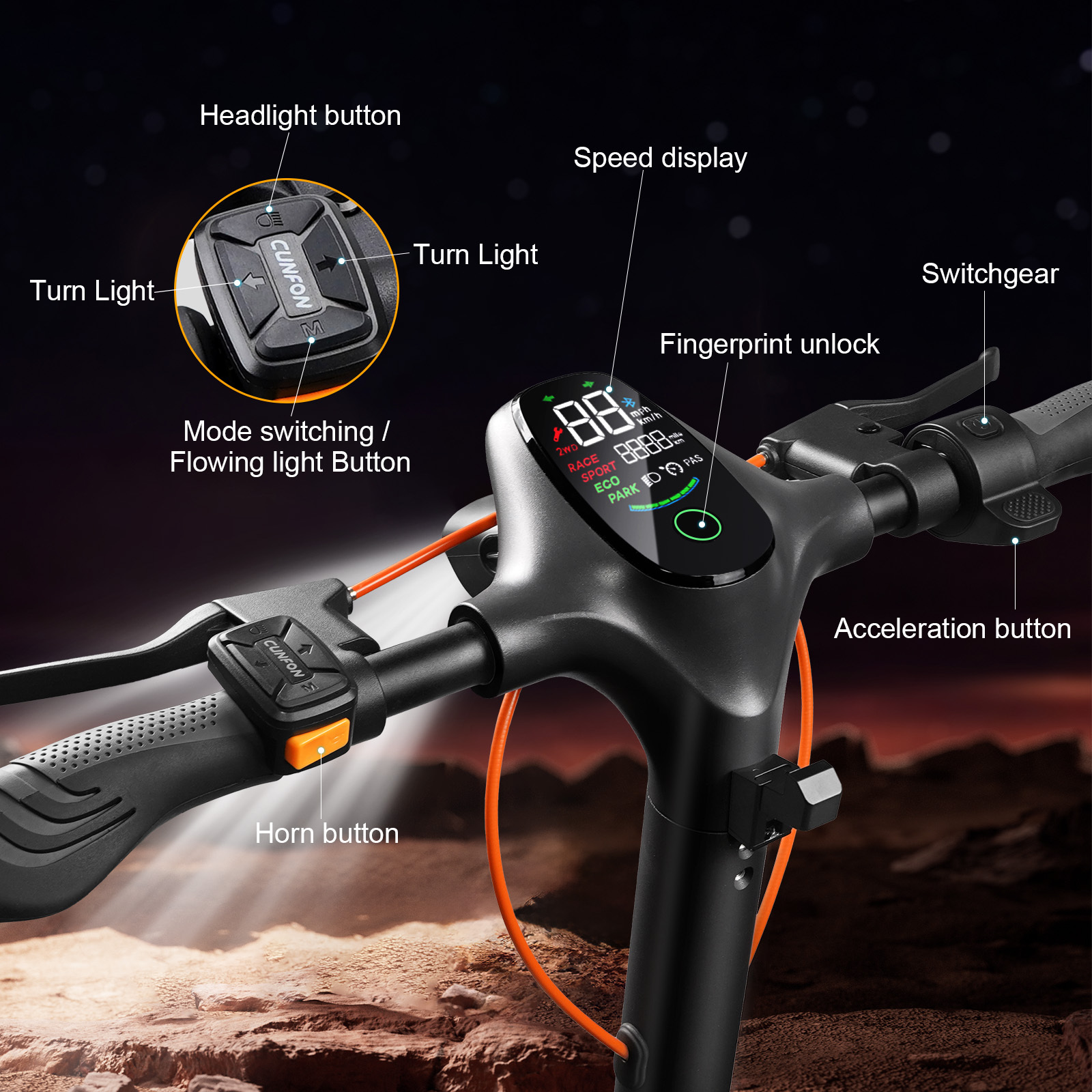 Zbliżenie kierownicy hulajnogi elektrycznej. Posiada przyciski, wyświetlacz prędkości i funkcję odblokowywania odciskiem palca.