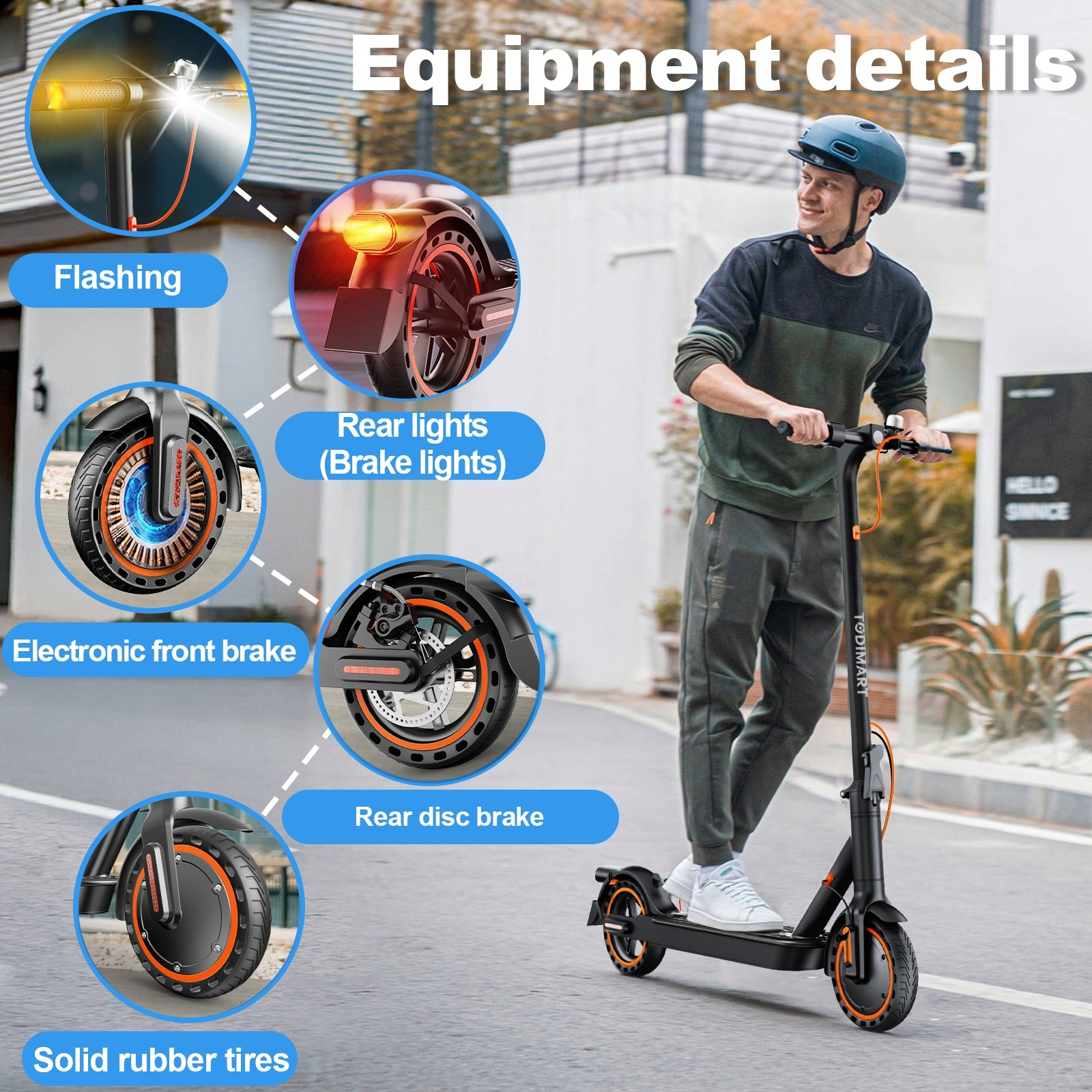 Mężczyzna na hulajnodze elektrycznej z podświetlonymi szczegółami wyposażenia: migającymi światłami, hamulcami i pełnymi gumowymi oponami.